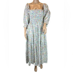 KARLIE Womens White Floral Smocked Maxi Dress Puff Sleeve Size Small